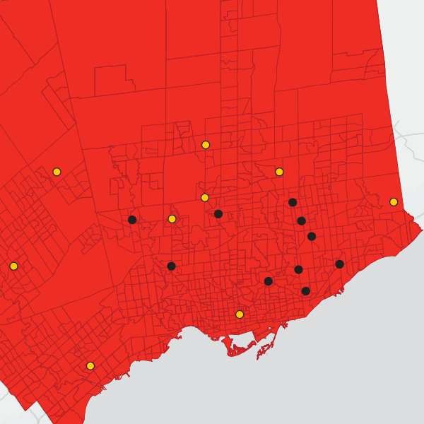 A map of the GTA with the location of Community Hubs marked in black. 