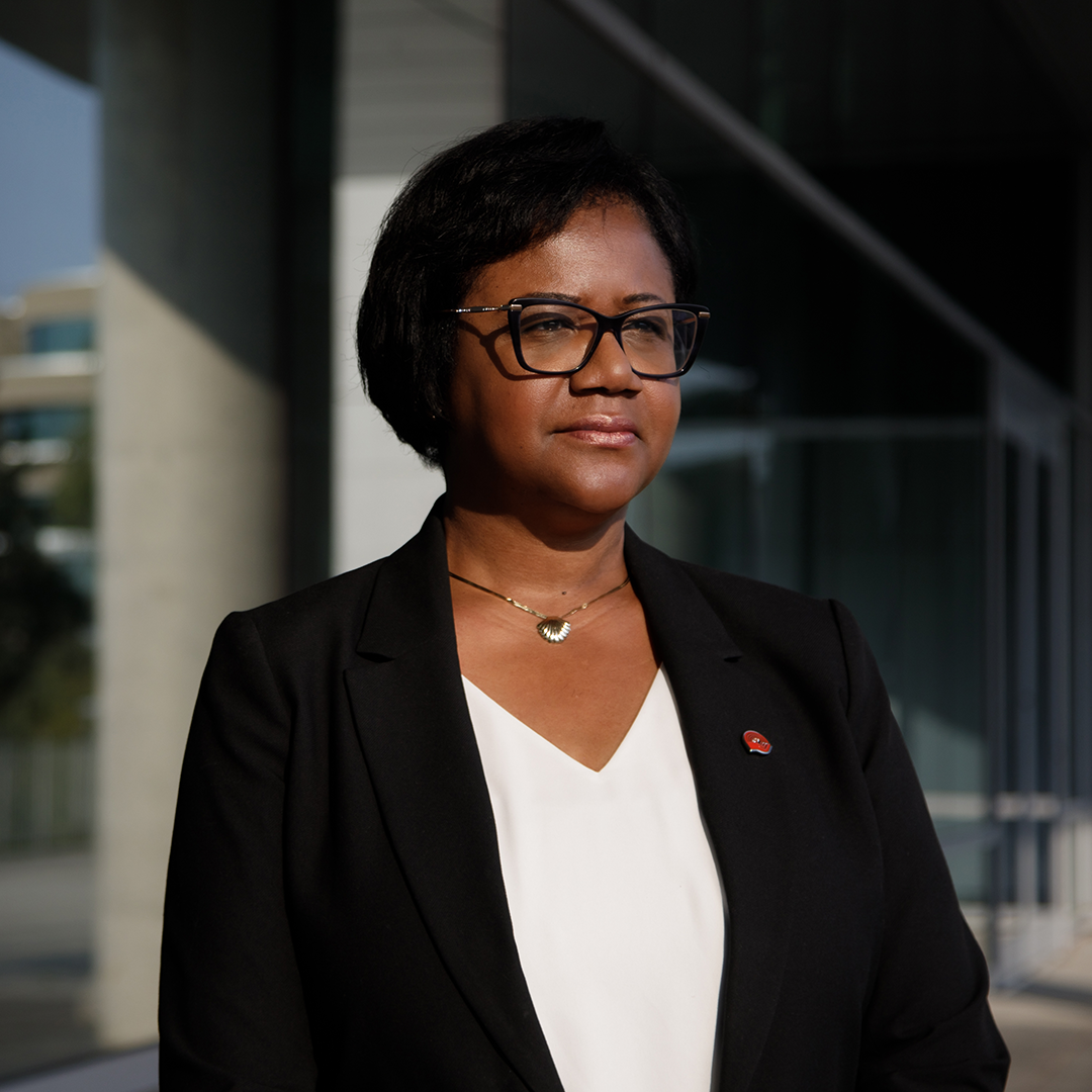 Lisa Gonsalves, board chair of United Way Greater Toronto, looks into the distance.