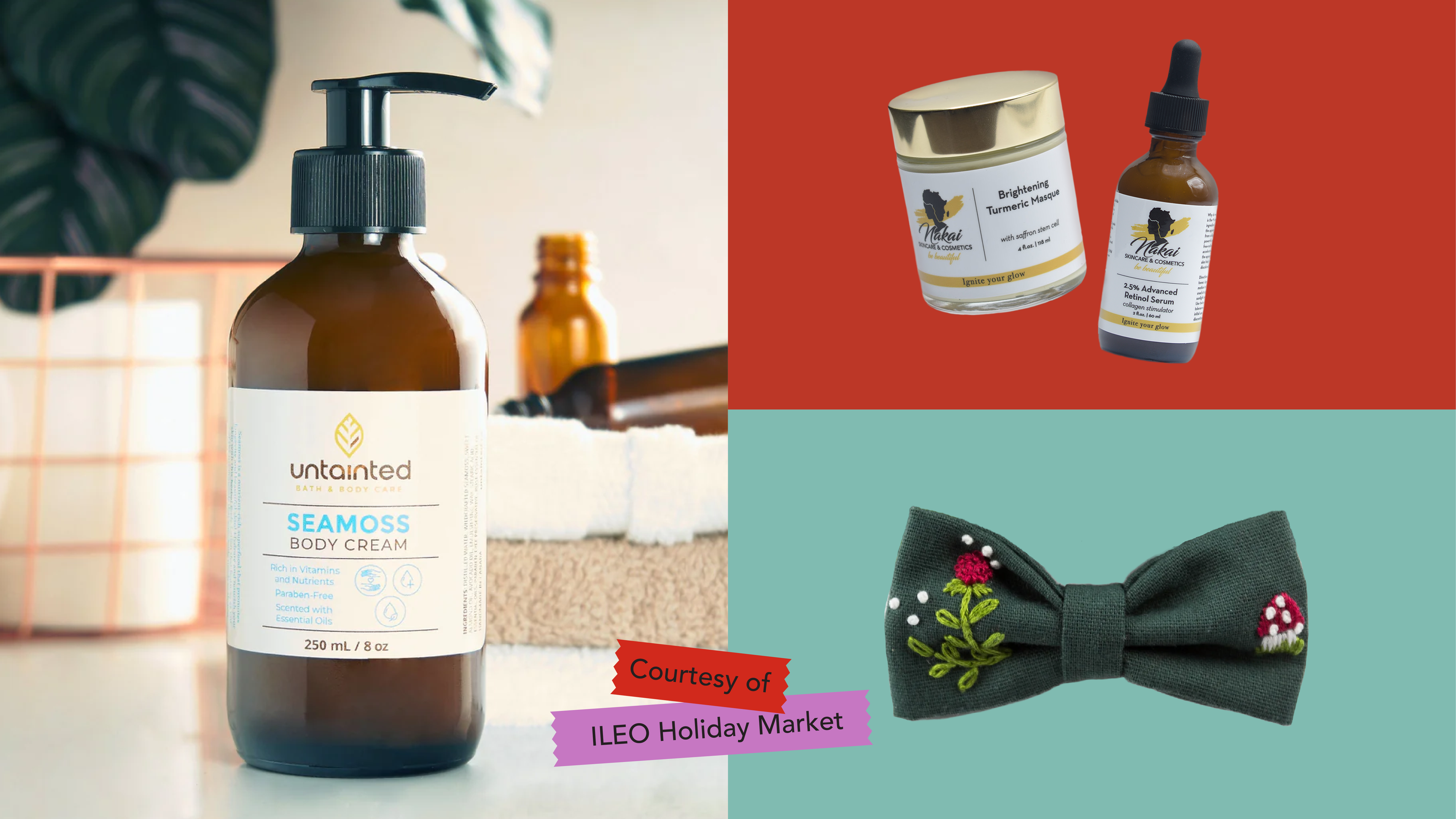 A collage of items from the ILEO Storefront Starter program that includes body cream and a bow tie