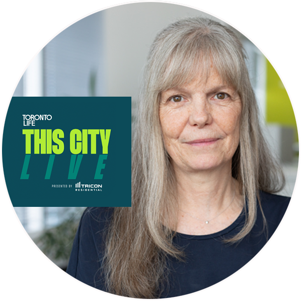 A profile photo of Ruth Crammond, VP of Community Infrastructure at United Way Greater Toronto, speaking about rebuilding Toronto, next to the Toronto Life This City Live logo in a green square. 